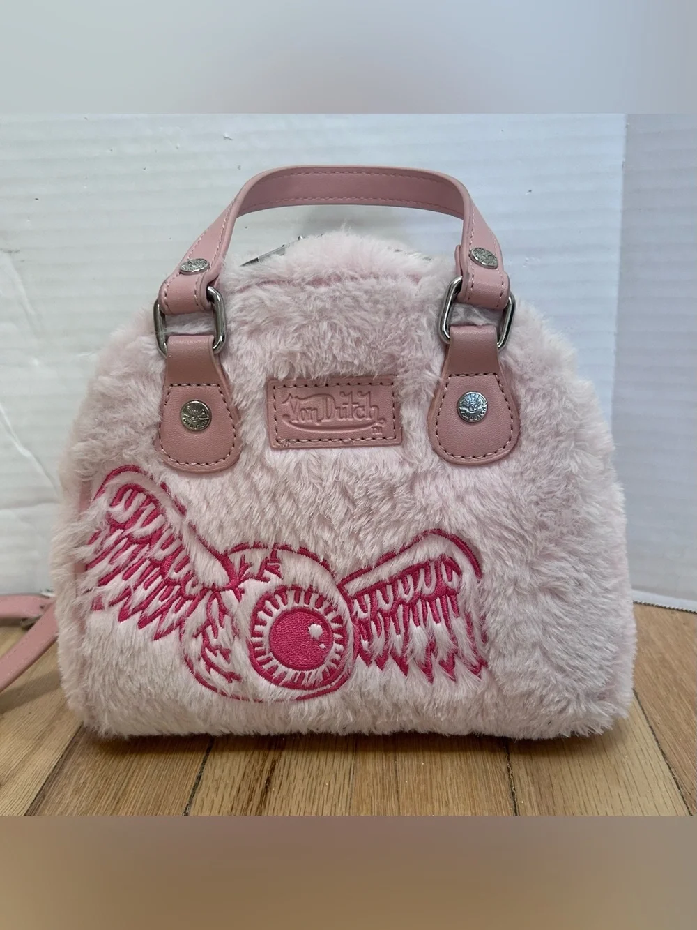 Von Dutch Furry Light Pink with Hot Pink Lettering Bowling Bag Purse - Picture 6 of 12